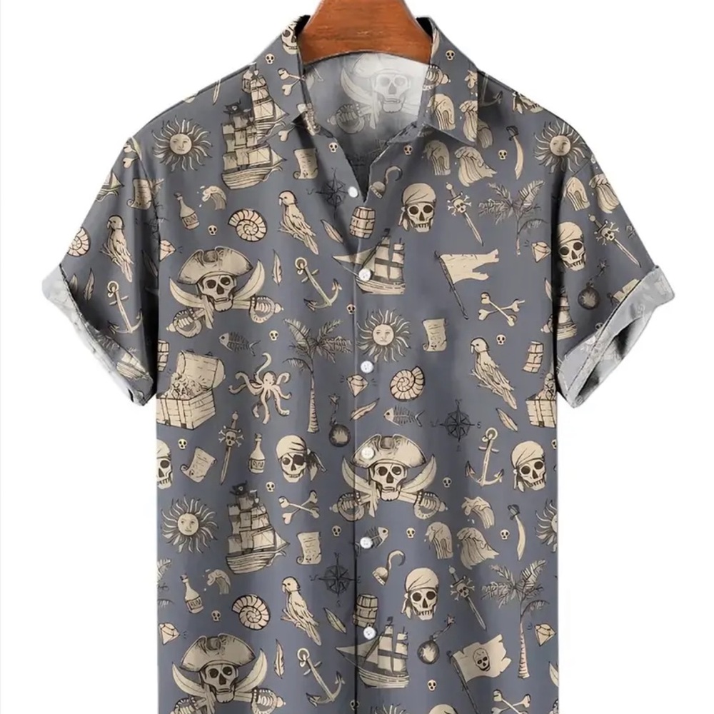 Men’s Pirate Print Casual Short Sleeve Button Up Down Shirt